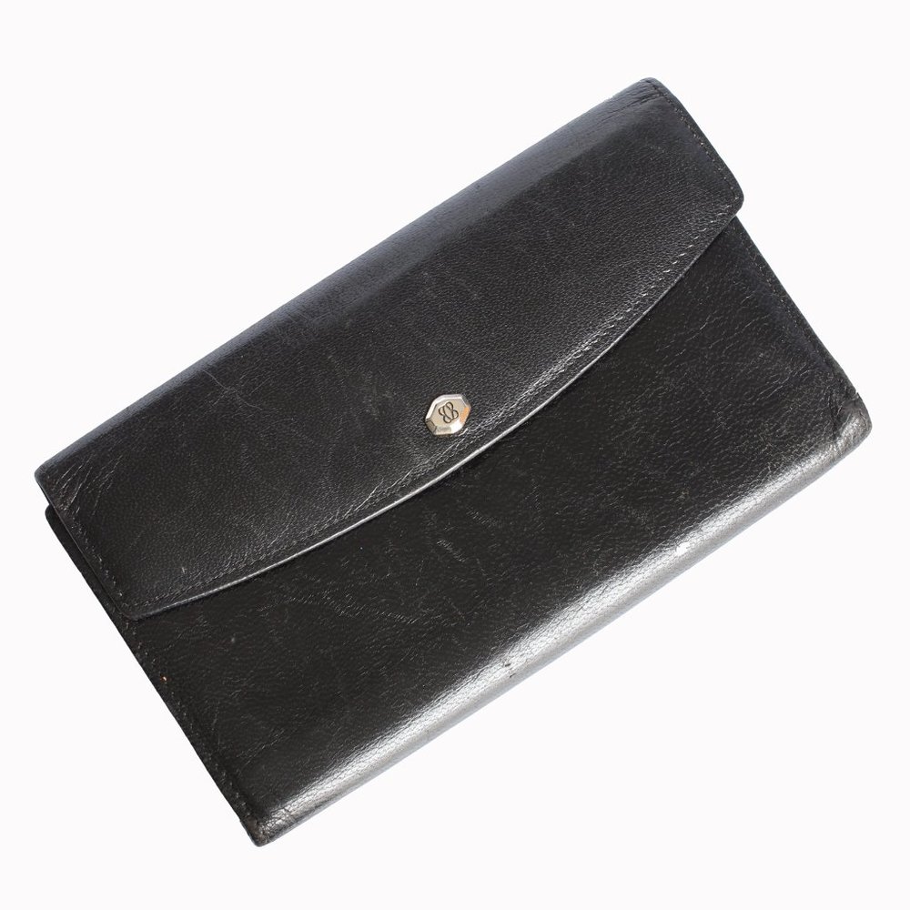 Bosca Wallet with Check Book Holder Black Leather Trifold Vintage